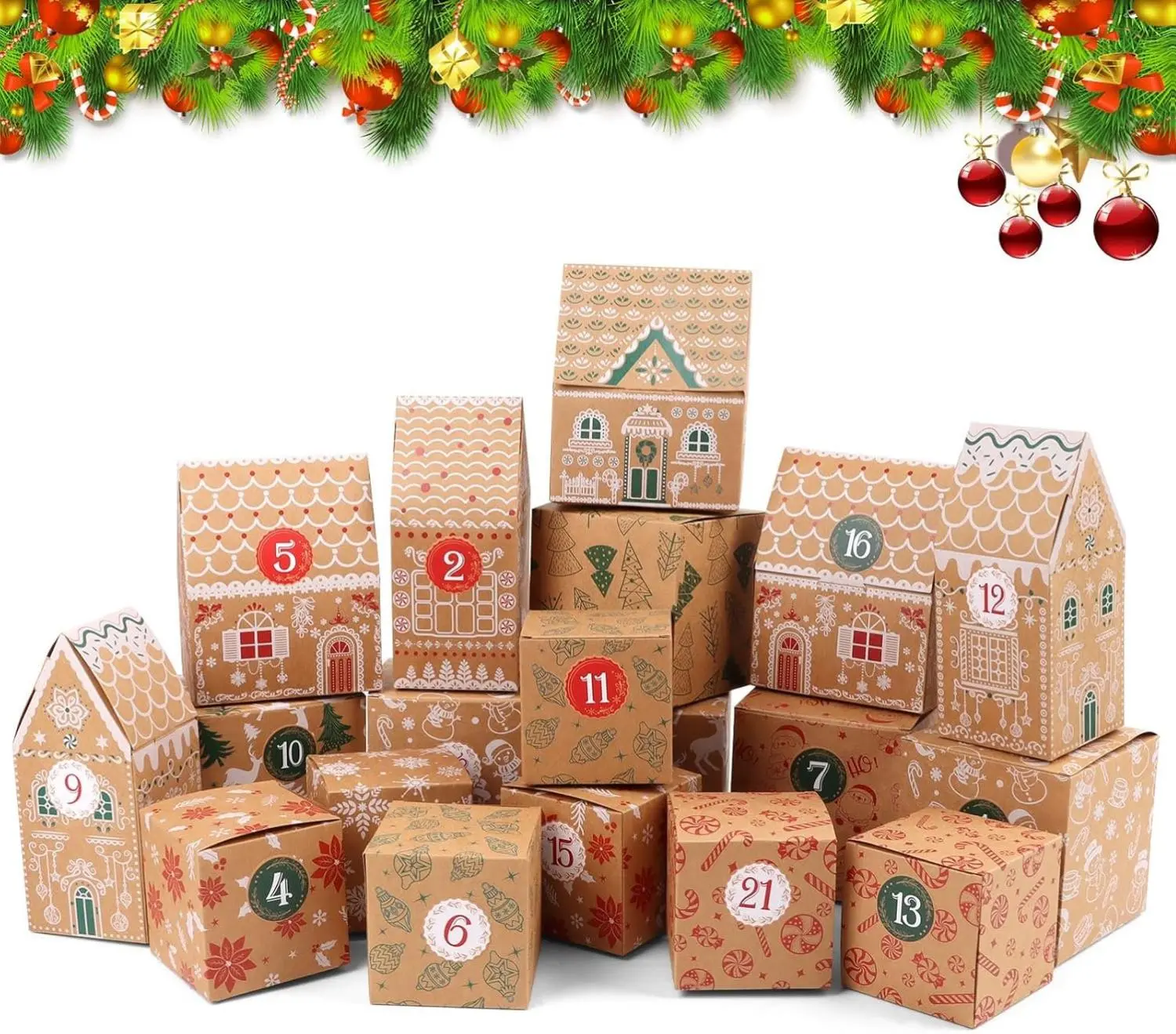 24 Pack Christmas Advent Calendar Boxes,Christmas Cardboard DIY Empty Calendar Treat Boxes to Fill with Number Stickers House Shaped Countdown Boxes for Holiday Decorations Party Supplies Xmas Gift Boxes
