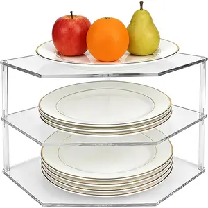 3-Tier Clear Acrylic Corner Shelf for Dishes Plate Organizer Cabinet Space Saver for Bowls Dinner Plates Kitchen Cabinet Plate Holder Small Shelf for Bathroom Storage