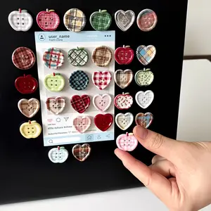Set of 10 Cute Random Round Heart Buttons Magnet Stickers, Colorful Grid Pattern, Perfect for Vintage Projects and DIY Crafts, Refrigerator Magnets