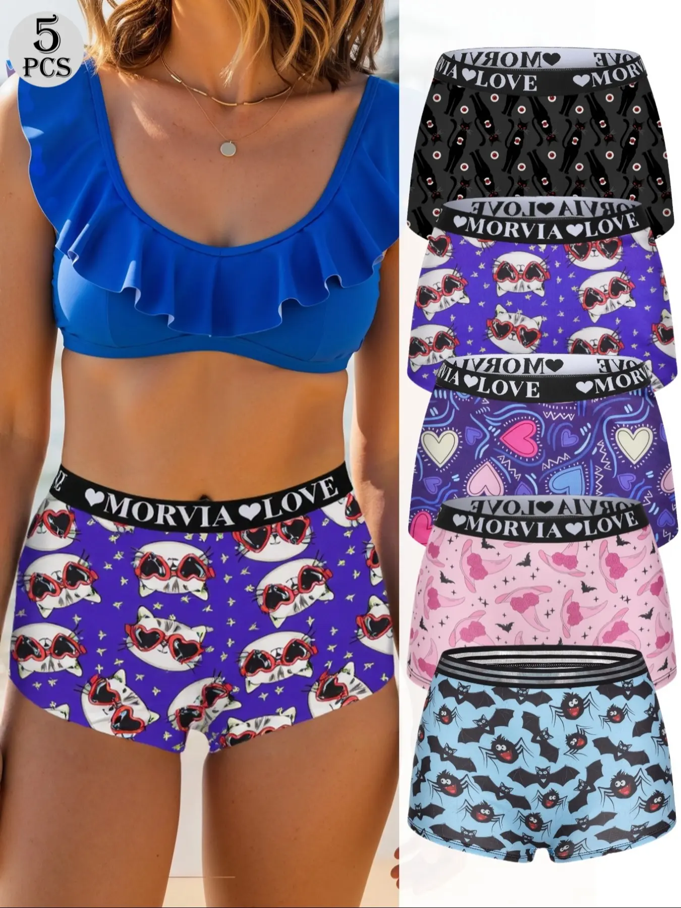 5-Pack Gothic Full Print Women's Underwear Set, Soft Comfortable Skin-Friendly Briefs Panties, Casual Comfy Panty, Elastic Waistband, All Seasons, Loose-Fitting