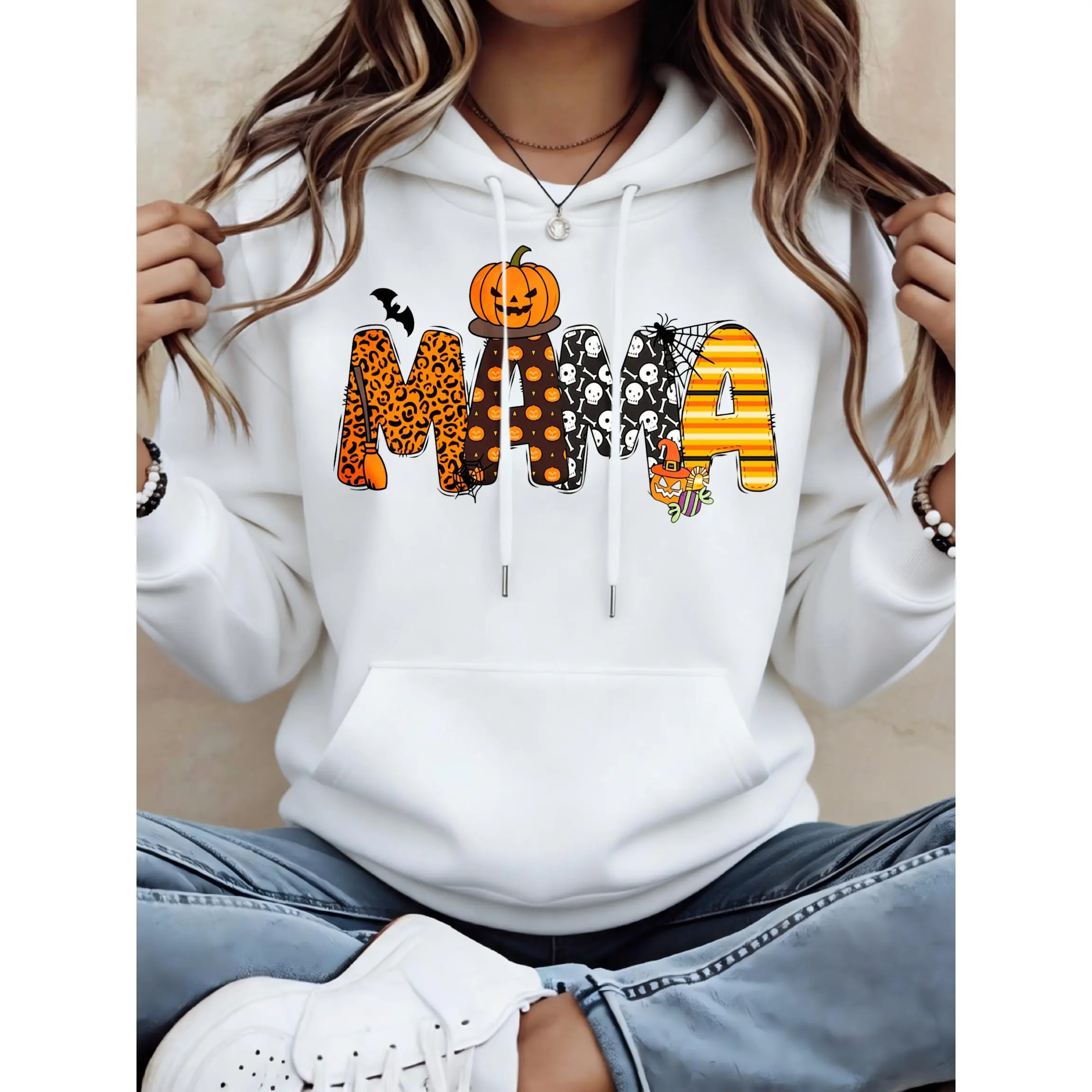 Women's Halloween Mama Pattern Print Design Unisex Oversized Hoodie | Soft Breathable Cotton Blend Pullover | Trendy Cozy Loungewear & Streetwear For Daily, Gym, Travel & Fall Vibes