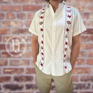 Elizabeth James Official Texas A&M Game Day Guayabera Classic Menswear Short Sleeve White Cotton Linen Blend Limited Edition