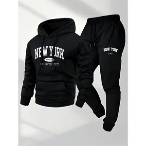 Men's New York Printed Hoodie Sportswear Set - Polyester Sportswear Set with Pocket, Long Sleeve, Loose Style, Knitted Fabric, Autumn/Winter, Slightly Elastic