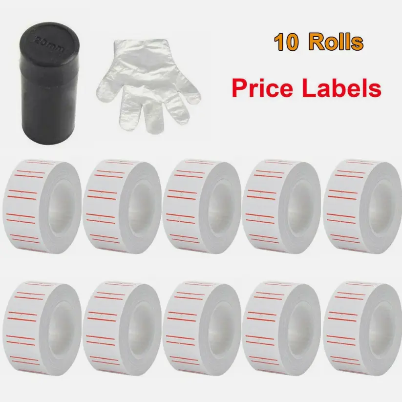 10 Rolls 6000pcs Price Labels Gun Paper Tag Sticker White Red Line for MX 5500 with Gloves Included 20mm Width
