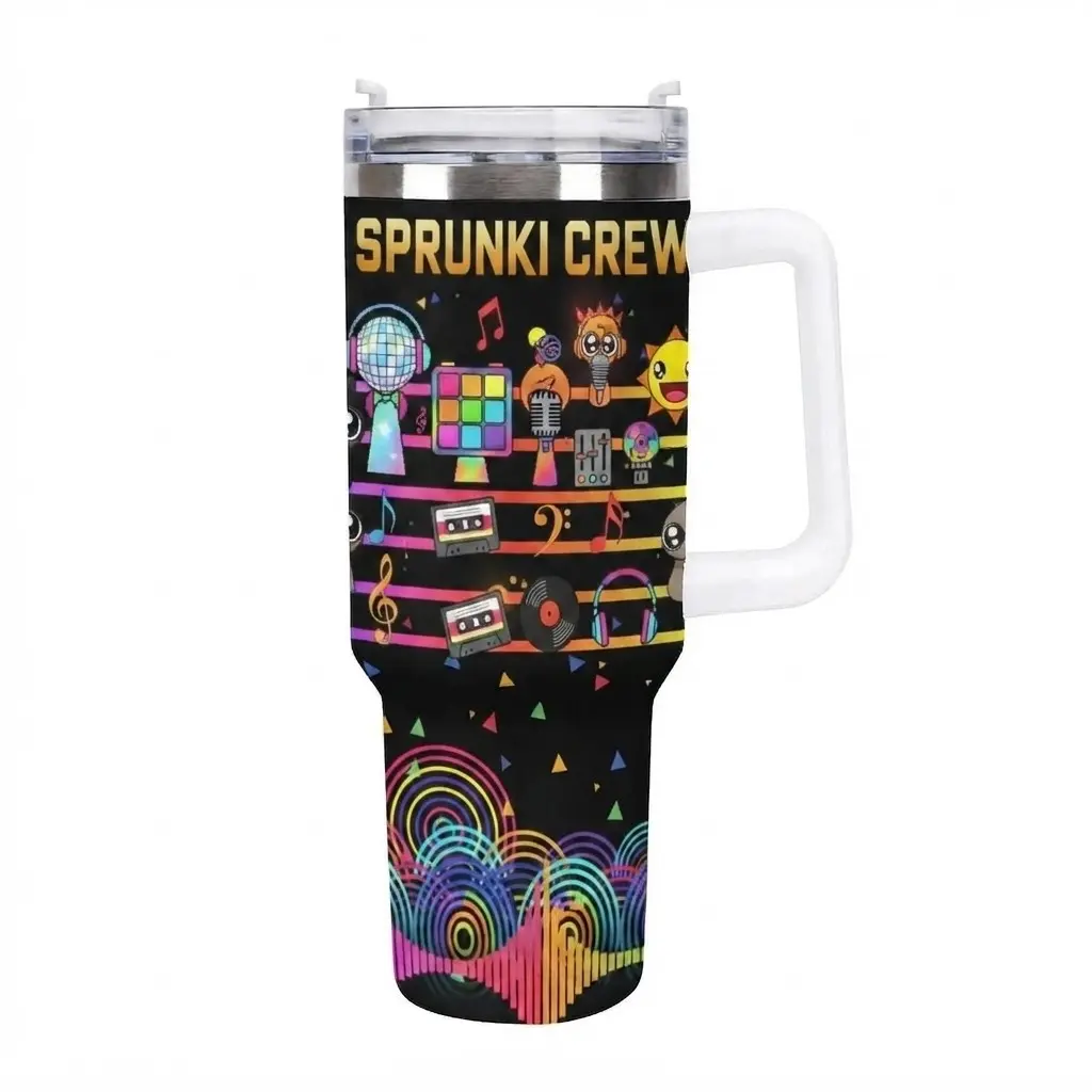 20oz&40oz Sprunki Music Themed Insulated Stainless Steel Car Tumbler Leak Proof Travel Cup with Lid Three Color Options Cute Cartoon Character Musical Note Pattern for Kids Adults Sprunki Fans Ideal Daily Use and Gift