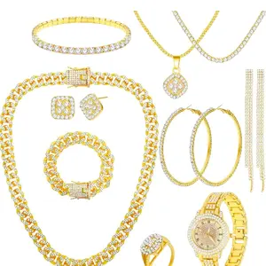 13 Pieces Silver Jewelry Set for Women Stainless Steel Cuban Link Necklaces Bracelets Earrings Watch Ring Bling Cubic Zirconia Cuban Jewelry Set for Women Men