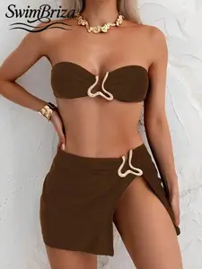 Briza｜Strapless Bandeau Bikini Sets In Solid Chocolate Brown With Gold Hardware, Bathing Suit Fancy Vacation Swimwear For Women, Bathing Suit Women Set And Swim Sets For Women With Skirt Swimsuit Cover Up For Women, Resort Ready Confidence