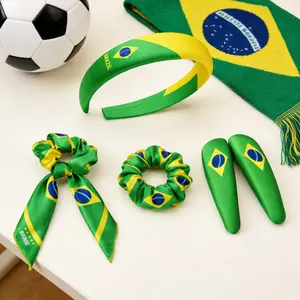 Brazil Fan Gift Set, Soccer Fan Accessories Bundle with Headband, Scrunchie, Scarf, Hair Clips, Green Yellow Satin Style for Match Day Parties Parades, Women Girls Football Supporter Kit # kid teen girl # mother day birthday gift