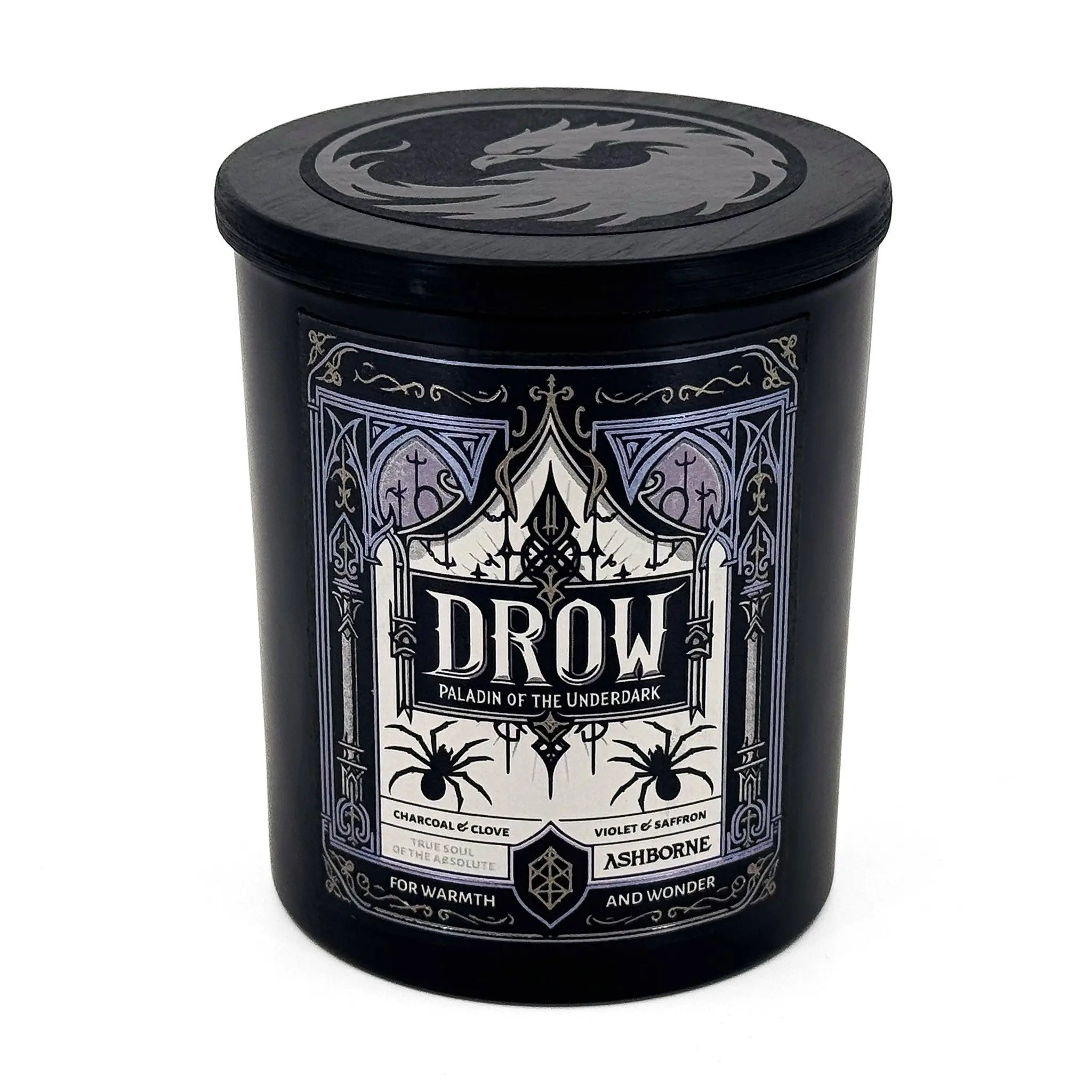 Drow Paladin Of The Underdark - 8oz Scented Candle - Charcoal, Clove, Violet, Saffron - Natural Coconut Wax - 35 h Burn Time - Premium Foil Label dark decor candles