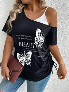 Plus Size Women's Butterfly Print T-Shirt, Loose Fit Asymmetric Drawstring Top, Street Style Outerwear, Casual Long Sleeve Tee, Streetwear