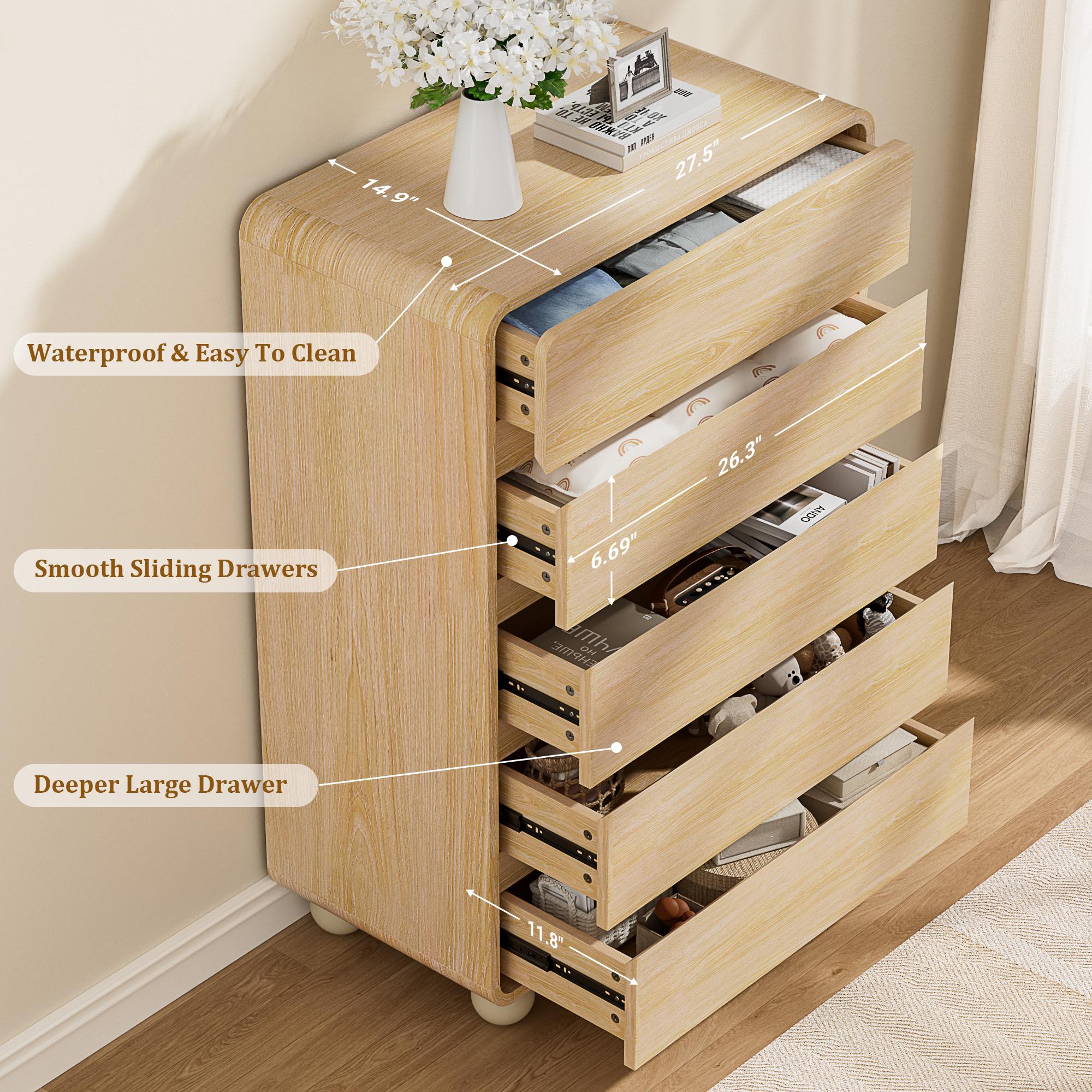Aowos Modern 5 Drawers Dresser for Bedroom, 41" Tall Wood Fluted Dressers & Chests of Drawers with Curved Profile Design for Bedroom, Living Room, Wood, Natural, Black, White