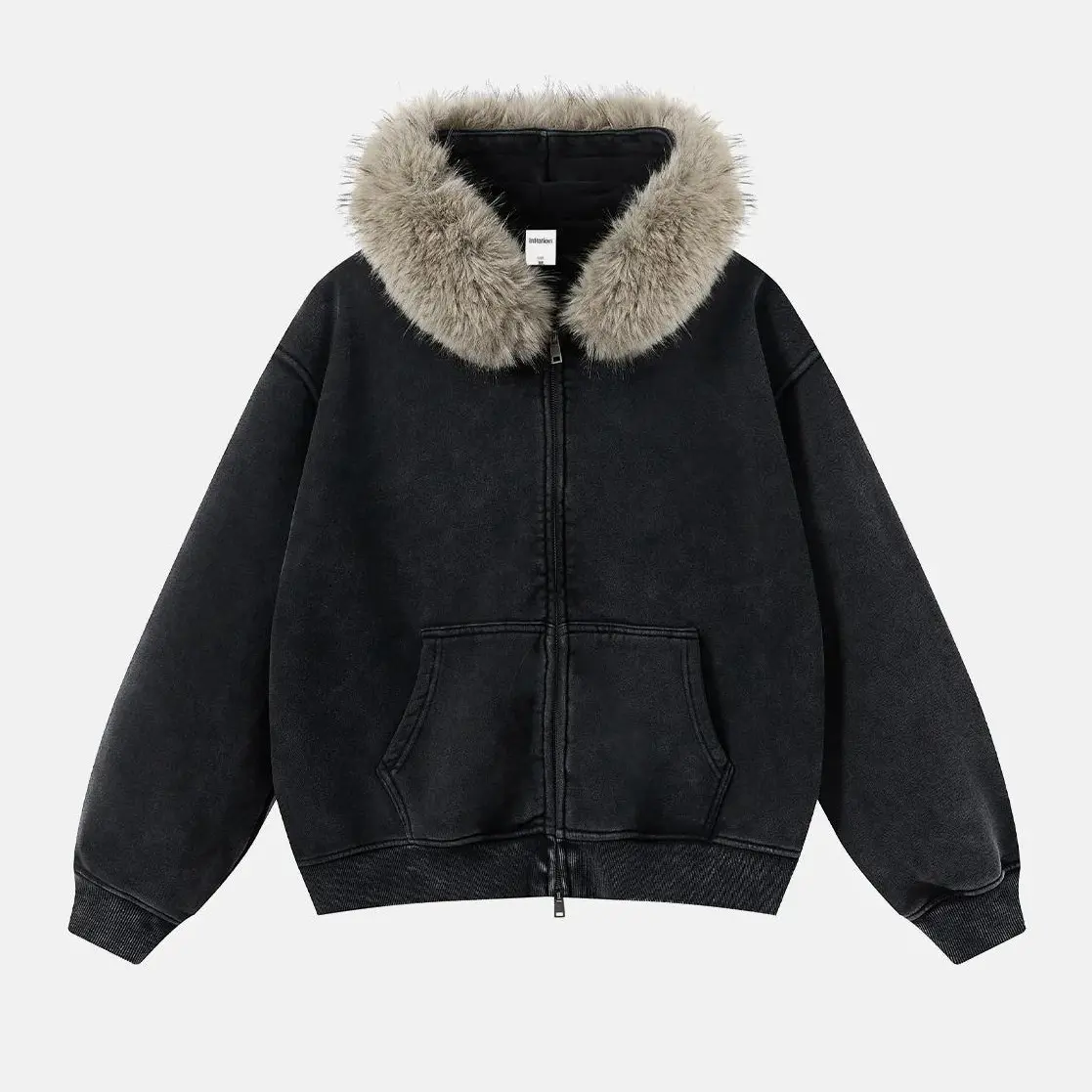 Inflation Menswear Boxy Cropped Faux Fur Zip-Up Washed Hoodie