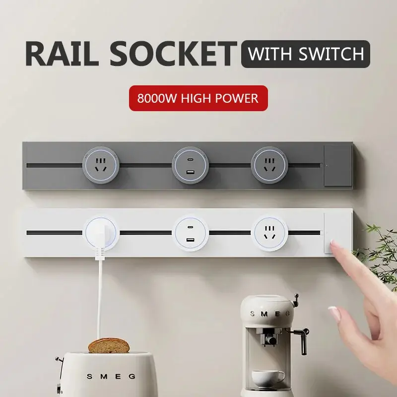 Track Socket with Switch Kitchen Wall Outlet EU US UK Universal Standard Round Romovable Adapter Plug Electrical Outlet with USB