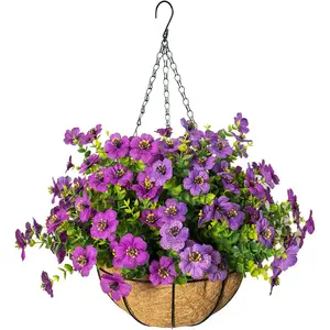 Artificial Hanging Flowers for Outdoors with Basket, Artificial Hanging Baskets, UV Resistant Realistic Faux Hanging Plants for Yard Porch Patio Garden Home Decor