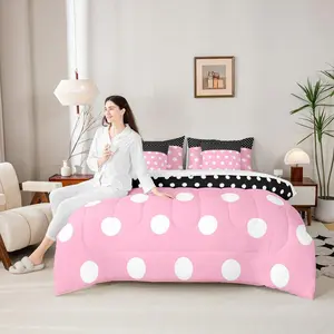 Pink Black Reversible 7 Pieces Comforter Set,Girls Kids Polka Dot Bed Sheet Set,Girly Dreamy Cartoon Themed Bedding Set with Comforter