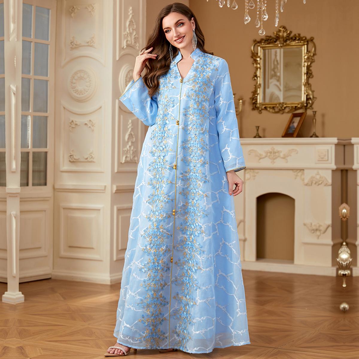 Ramadan Dubai Woman’s Abayas Embroidered Sequin Floral Patter V-Neck Elegant Casual Kebaya Muslim Long Dress