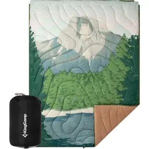 KingCamp Large Camping Blanket with Sherpa Lining, Packable Down Alternative Puffy Printed Wearable Blanket with Snap Buttons, Warm Weatherproof Quilt for Outdoor Travel (79" L x 57" W, Green)