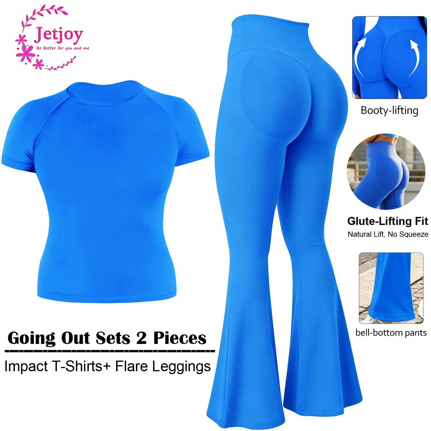 Jetjoy Fitness Suit for Women, 2-Piece Seamless Set with Ribbed Short Sleeve Crop Top & Tummy Control Scrunch Flare Leggings, Fitted Sportswear Set, Activewear Running Outfits, Gym Sports Set