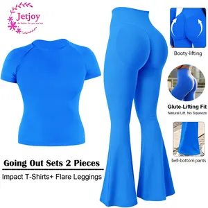 Jetjoy Women's 2-Piece Athletic Clothes - Dry-Fit Short-Sleeve Cropped Top & Seamless Tummy-Control Glute-Scrunch Butt-Lifting Mini Flare Leggings, Sweat-Wicking Multifunctional Sportswear for Gym & Casual Lounging, Seamless Yoga Set, Gym Sports Set