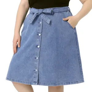 Agnes Orinda Plus Size Women's Denim Skirts Tie Waist A-Line with Pockets Midi Summer Jeans Skirts Grey Blue