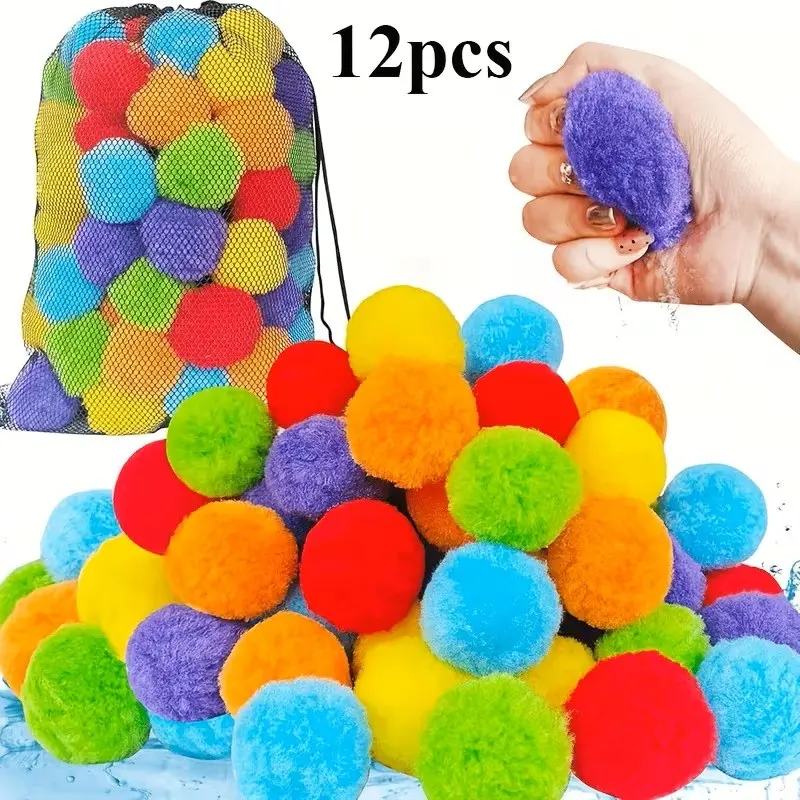 12-Pack Reusable Water Balls with Net Bag, Ball Set, Soft Absorbent Splash Toys, Summer Outdoor Kids Water Fight, Pool Beach Backyard Party Games