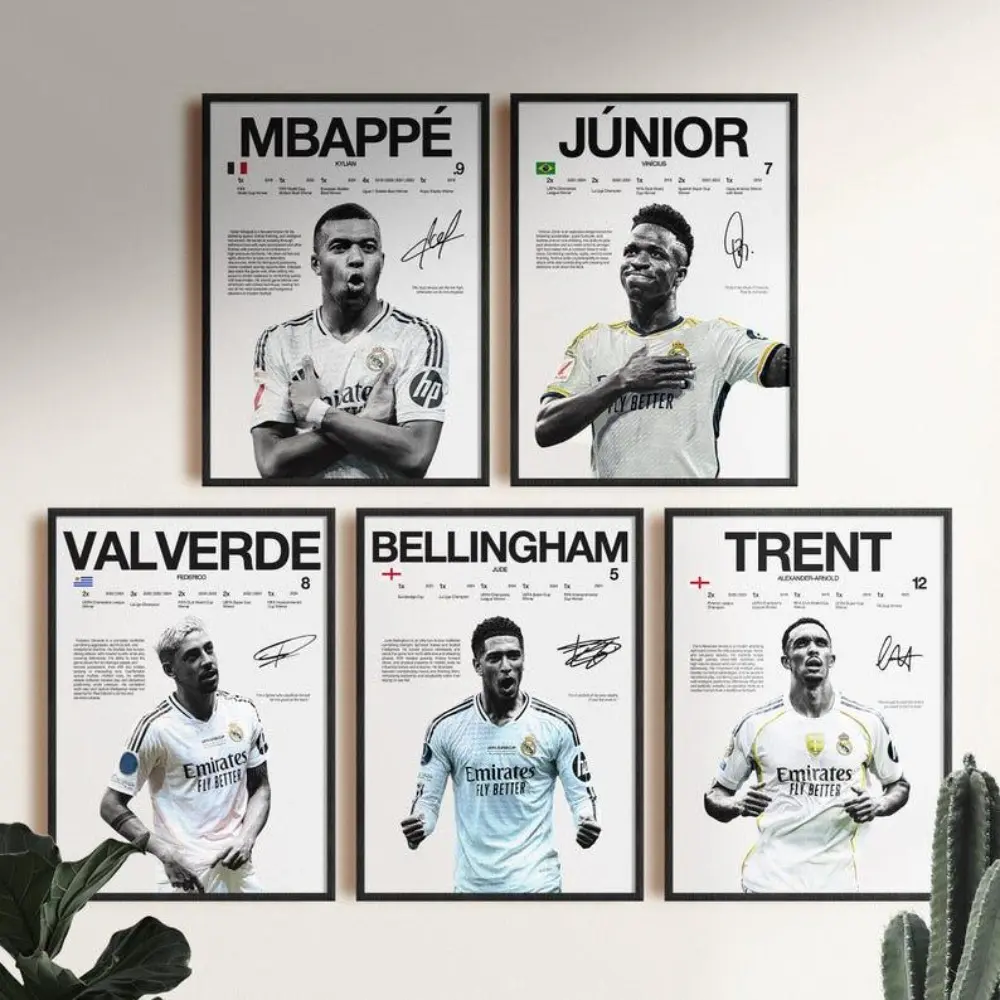 Artistic Multi-Size Soccer Player Images Poster with Wood Frame - Mbappe, Bellingham, Vini Jr, Valverde, Trent, Real Madrid Wall Print, Home Decor Gift for Soccer Fans