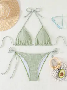 Two-piece Set Women's Striped Print Halter Bikini Set, Tie Back Triangle Swim Bra & Tie Side Swim Panty, Ladies Swimsuit for Beach Holiday Vacation, Bikinis Sets, Summer Beach Bikini, Ruched Halter Swimsuit, Bathing Suit Bikini, Halter Neck Bikini