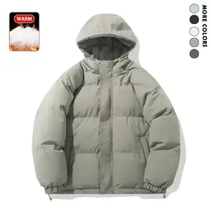 Men’s heavy-duty winter hooded jacket—thick, warm coat with a full front zipper—available in elegant gray and black, suitable for skiing, snowboarding, and everyday winter wear. Casual men’s outerwear with beige pockets.