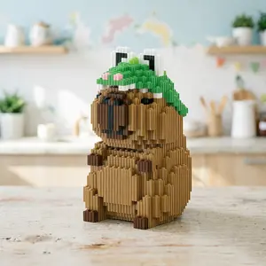 Capybara Building Blocks Mini Micro Bricks Set with Green Crocodile Hat Cute Animal Figure Desktop Decor Creative DIY Assembly Toy Kit Gift for Kids and Adults Crocodile Capybara