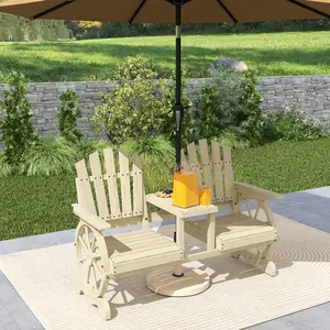 2-Seat Natural Wood Garden Bench with High Backrest, Armrests, Side Table and Umbrella Hole for Backyard, Patio