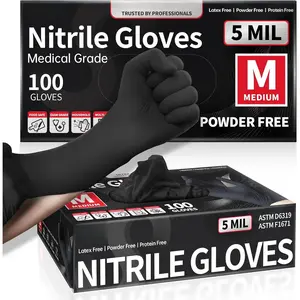 Disposable Nitrile Gloves, 5Mil Chemical Resistant Powder-Free Latex-Free Glove for Exam Cooking Tattoo Black 100Pcs