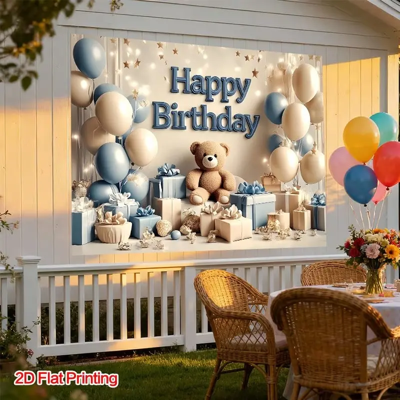 2D Flat Birthday Decoration Background Cloth, Teddy Bear Theme Pattern, Indoor Party Decor, Photo Backdrop, Multiple Sizes Available