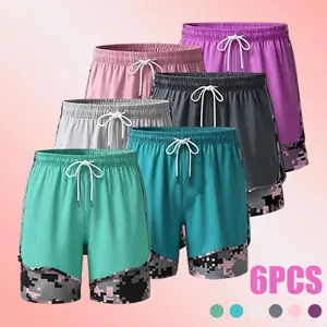 6-Pack Women’s Summer Sports Camouflage Shorts – Faux Two-Piece Design, Drawstring Waist, Anti-Exposure, Breathable Yoga Pants, Suitable for Daily Running, Fitness Workouts, and Yoga