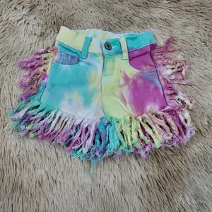 Tie dye fringe kids girls summer denim shorts