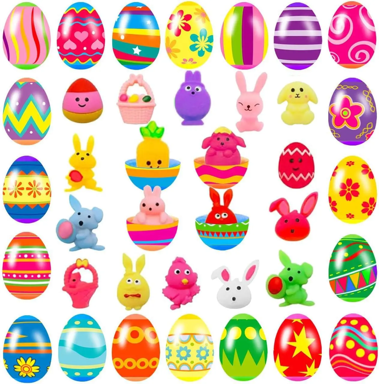 Easter gifts 24 Pack Prefilled Easter Eggs with Squishy Toys Inside Bright Colorful Easter Eggs with Fidget Toys Great for Kids Toddlers Easter Basket Stuffers Eggs Fillers Gifts (Easter Squishy)