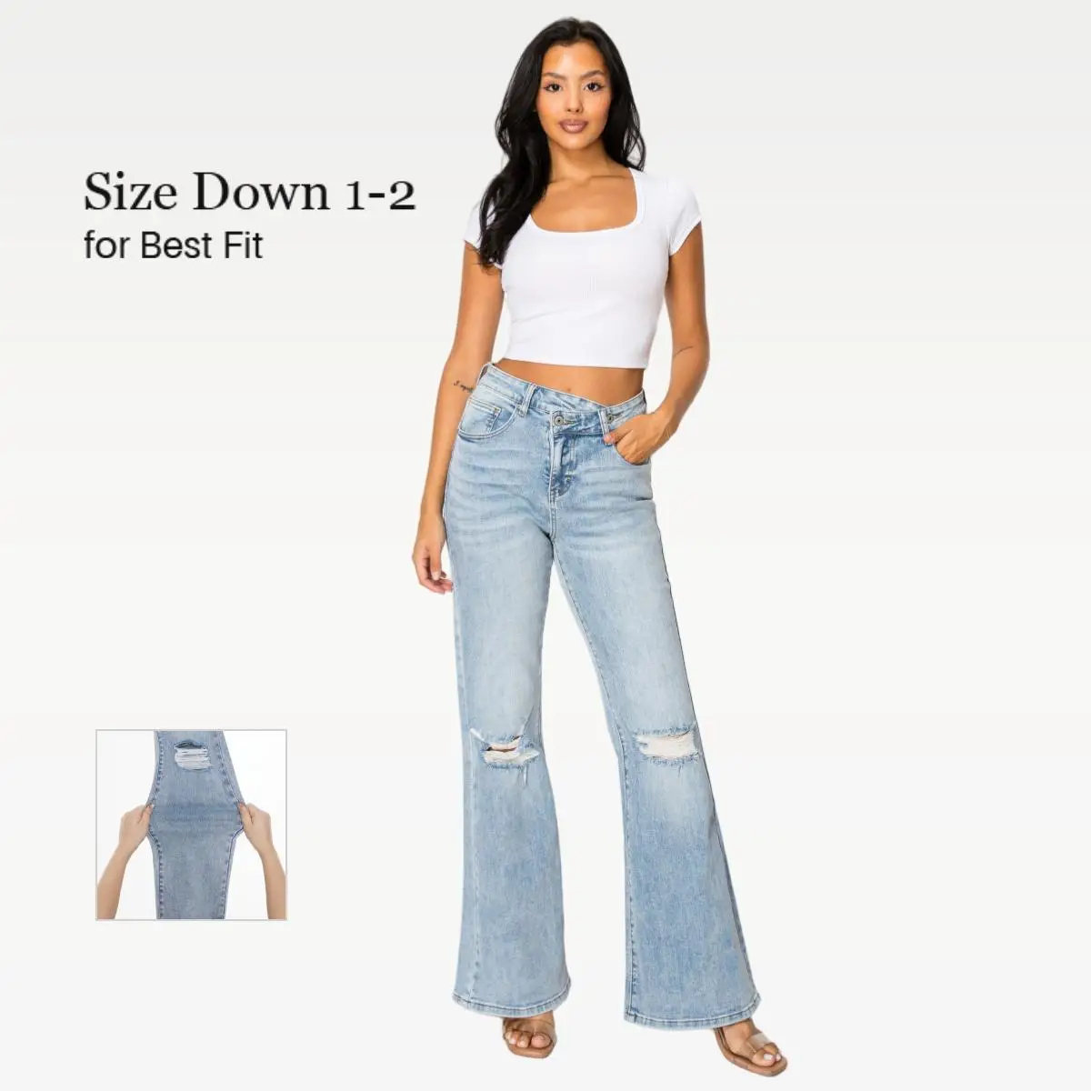 【Plus Size】CANANA Women High Rise Stretch Bootcut Ripped Wide Leg Jeans- Light Wash | Women's Underwear Street Wear Flared Fashion Casual Denim Pant W