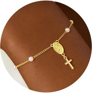 Turandoss Gold Cross Bracelets for Women - 14K Gold Plated Satellite Bead CZ Pearl Holy Mary Medal Cross Bracelet Dainty Bracelets for Women Faith Jewelry Christian Baptism Religious Gifts