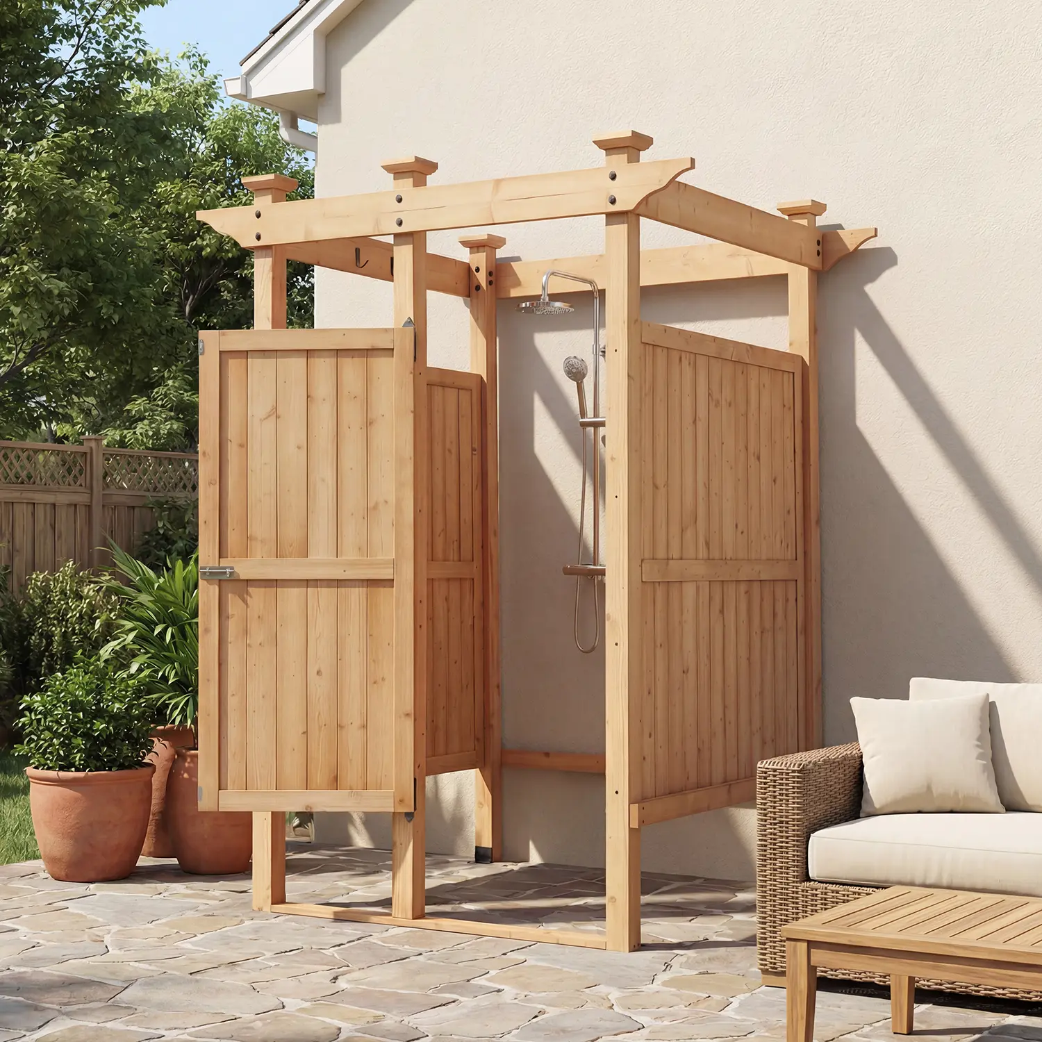 FUFU&GAGA Outdoor Shower Enclosure with Lockable Door, Privacy Free Standing Outside Shower Stall with Corner Storage Shelves & 4 Hooks, Cedar Wood Outdoor Bathroom for Pool & Beach, Natural