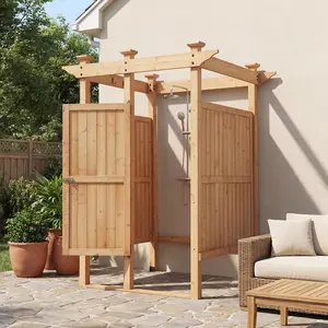 FUFU&GAGA Outdoor Shower Enclosure with Lockable Door, Privacy Free Standing Outside Shower Stall with Corner Storage Shelves & 4 Hooks, Cedar Wood Outdoor Bathroom for Pool & Beach, Natural