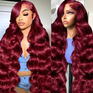 99J Burgundy Lace Frontal Wig 180% Density Body Wave Lace Front Wig 13x6 HD Transparent Lace Front Wig Human Hair Pre Plucked 99j Colored Wig for Women
