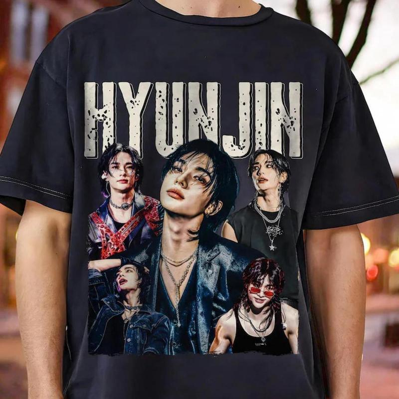 Stray Hyunjin Graphic T-Shirt - 100% Cotton Black Kpop Concert Tee with Bold HYUN JIN Print & Member Portraits - Unisex Adult Short Sleeve Round Neck Shirt for Casual Wear, Fan Merchandise Retro Style