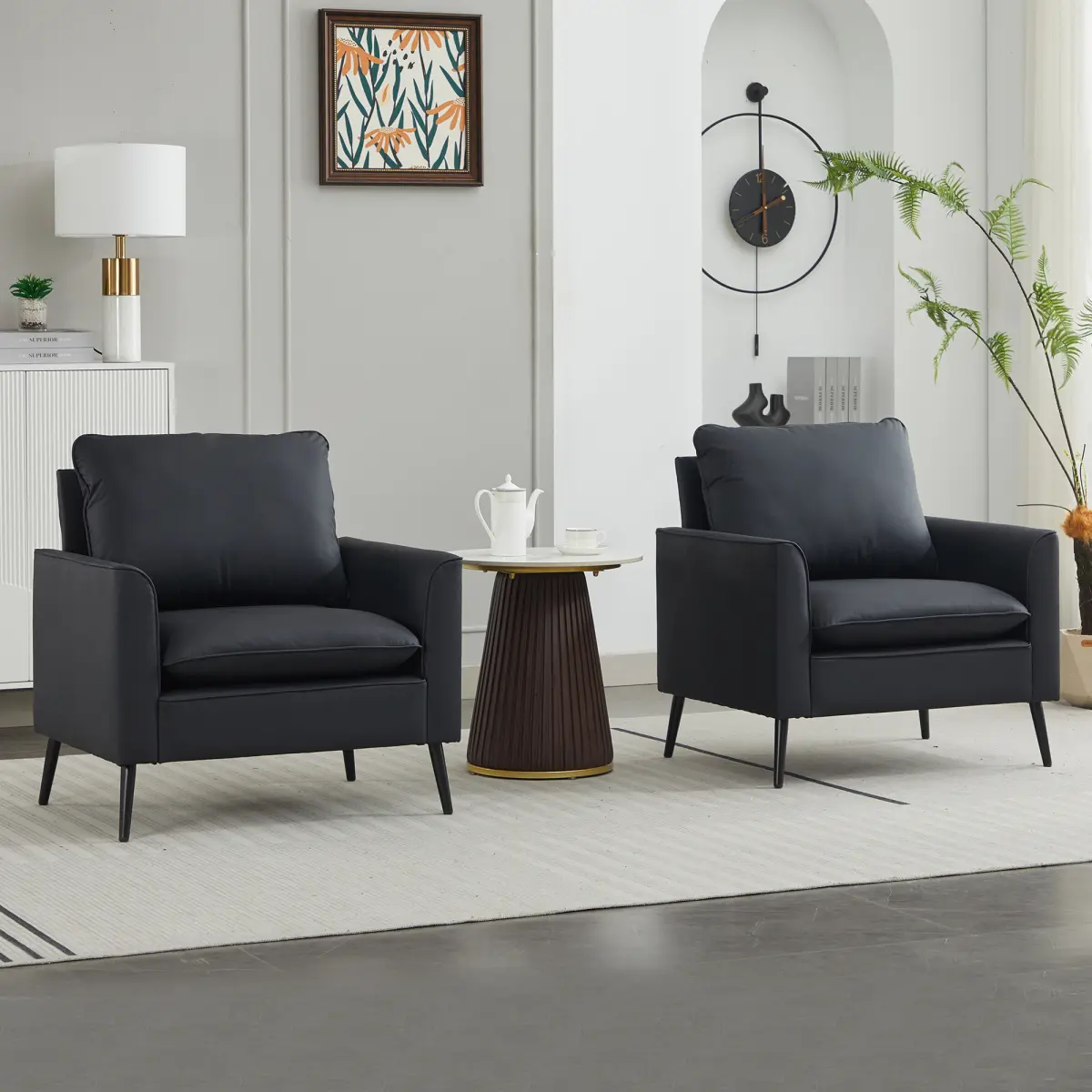Accent Chairs Set of 2, Black Leather Accent Chair, Comfy Living Room Chair, Cozy Reading Sitting Chair, Mid Century Modern Accent Chairs, Arm Reception Chairs, Office Furniture