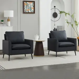 Accent Chairs Set of 2, Black Leather Accent Chair, Comfy Living Room Chair, Cozy Reading Sitting Chair, Mid Century Modern Accent Chairs, Arm Reception Chairs, Office Furniture