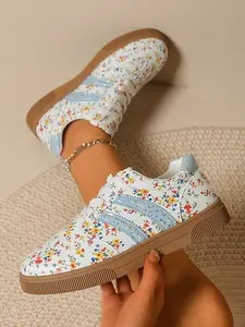 Women's Casual Patchwork Ditsy Floral Sneakers, Trainer, Round Toe Low Top PU Leather Shoes, Comfortable Rubber Sole, All Seasons Fashion Footwear