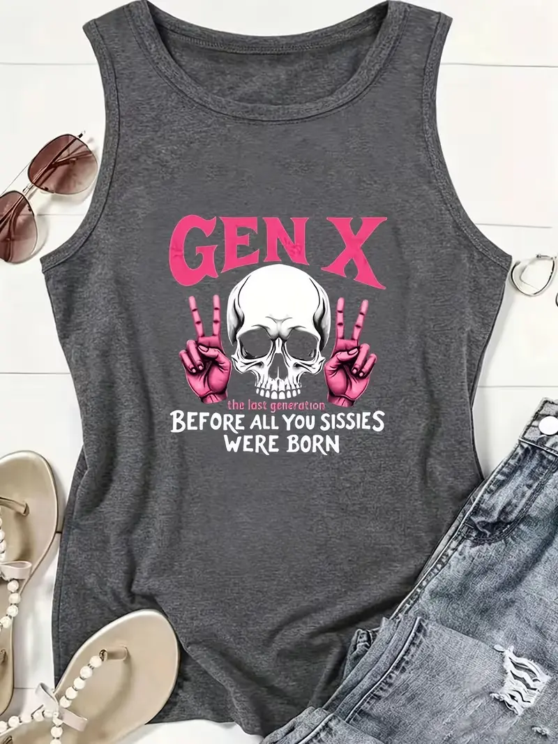 Gen X Peace Hand Skull Funny Front Print Cotton Tank Top, Retro Gen X Sarcastic Casual Sleeveless Tee