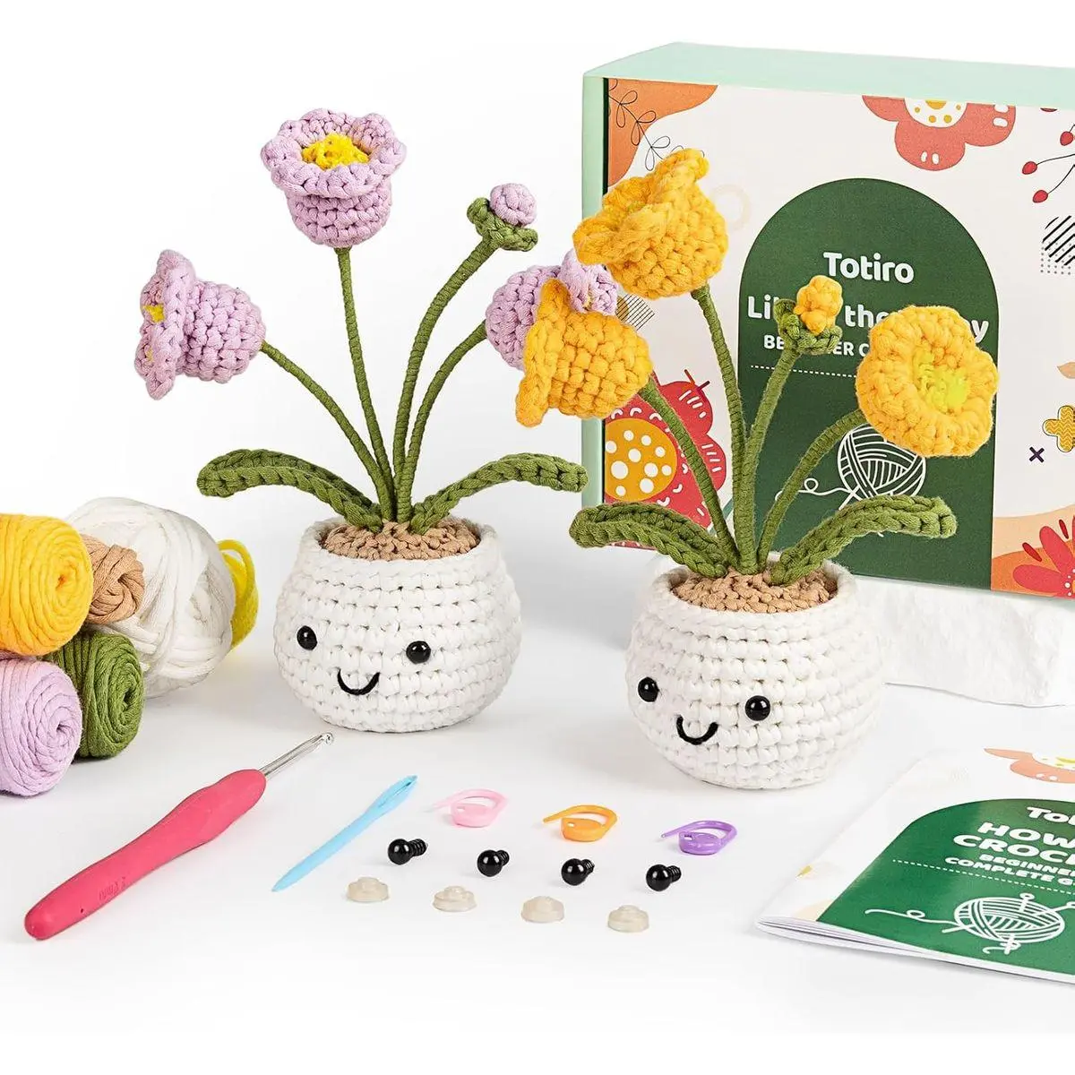 Crochet Kit for Beginners, Potted Flower Amigurumi Starter Kit, Easy DIY Arts & Craft Set with Step-by-Step Video Tutorials, Crochet Pattern Learning Kit for Teens Adults Birthday Gift