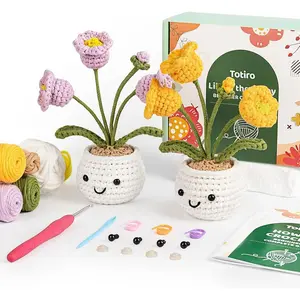 Crochet Kit for Beginners, Potted Flower Amigurumi Starter Kit, Easy DIY Arts & Craft Set with Step-by-Step Video Tutorials, Crochet Pattern Learning Kit for Teens Adults Birthday Gift