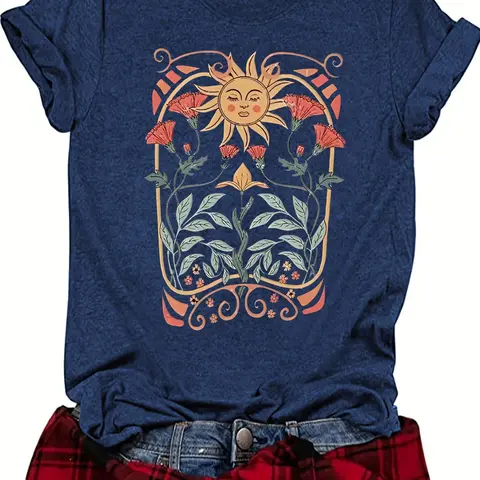 Women's Floral, Sun & Plant Print Round Neck Fit Tee, Casual Style Short Sleeve Crew Neck T-Shirt for Spring, Fashion Lady Women's Top for Daily Wear