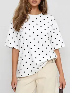 Women's Casual Cotton Polka Dot Print Oversized Crewneck Short Sleeve T-Shirt, Casual Fashion Top, Loose Fit Breathable Tee for Daily Wear, Street Style & OOTD, Basic Top for All Seasons