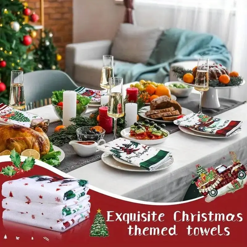 6-Piece 16x24 Inch Christmas Kitchen Towels & Dishcloths Set, Santa, Tree, Snowman, Truck Designs, Perfect Winter Holiday Gifts